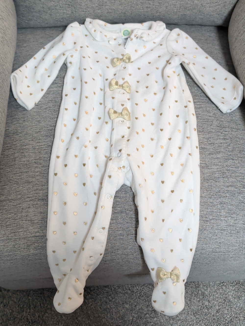 Little Me White Footed One-Piece with Gold Hearts and Bows
